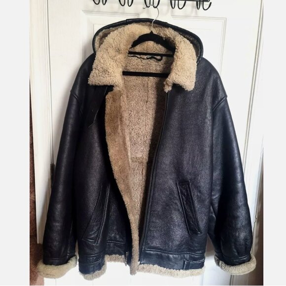 VTG Sheepskin Shearling B3 Hooded Flight Bomber Jacket Handmade Leather Men's L - Picture 4 of 16
